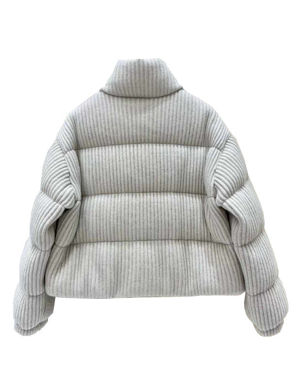 Textured Puffer Jacket with Ribbed Knit Sleeves