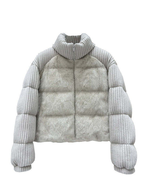 Textured Puffer Jacket with Ribbed Knit Sleeves